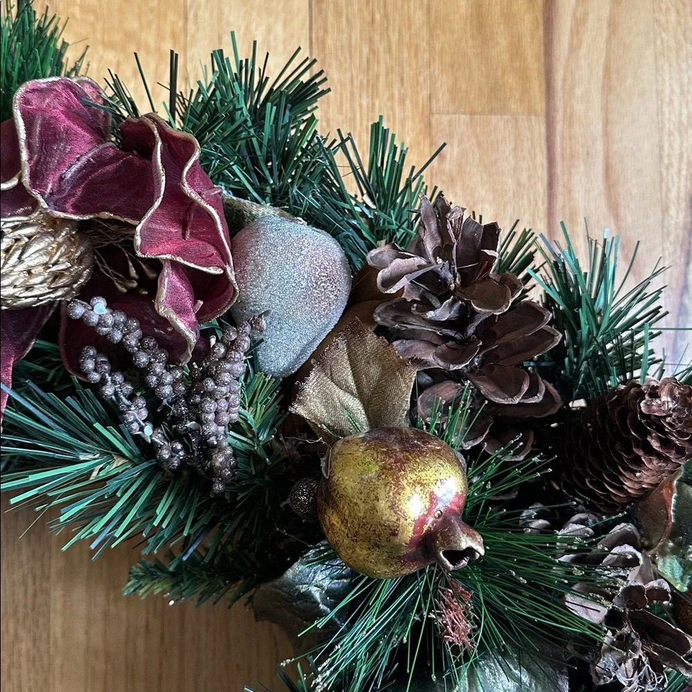Handcrafted Gold and Wine Red Holiday Wreath